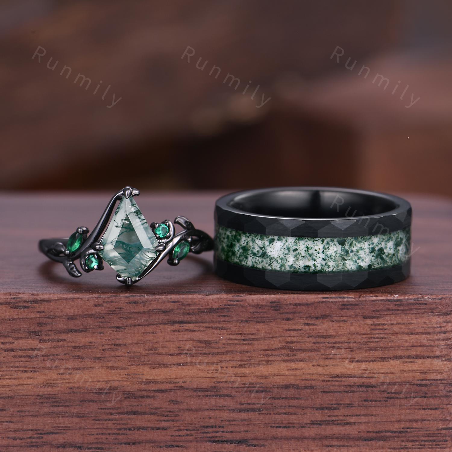 Natural Moss Agate Couples Ring, His and Hers Moss Agate Ring Set, Matching Nature Inspired Promise Rings, Alternative Engagement Ring