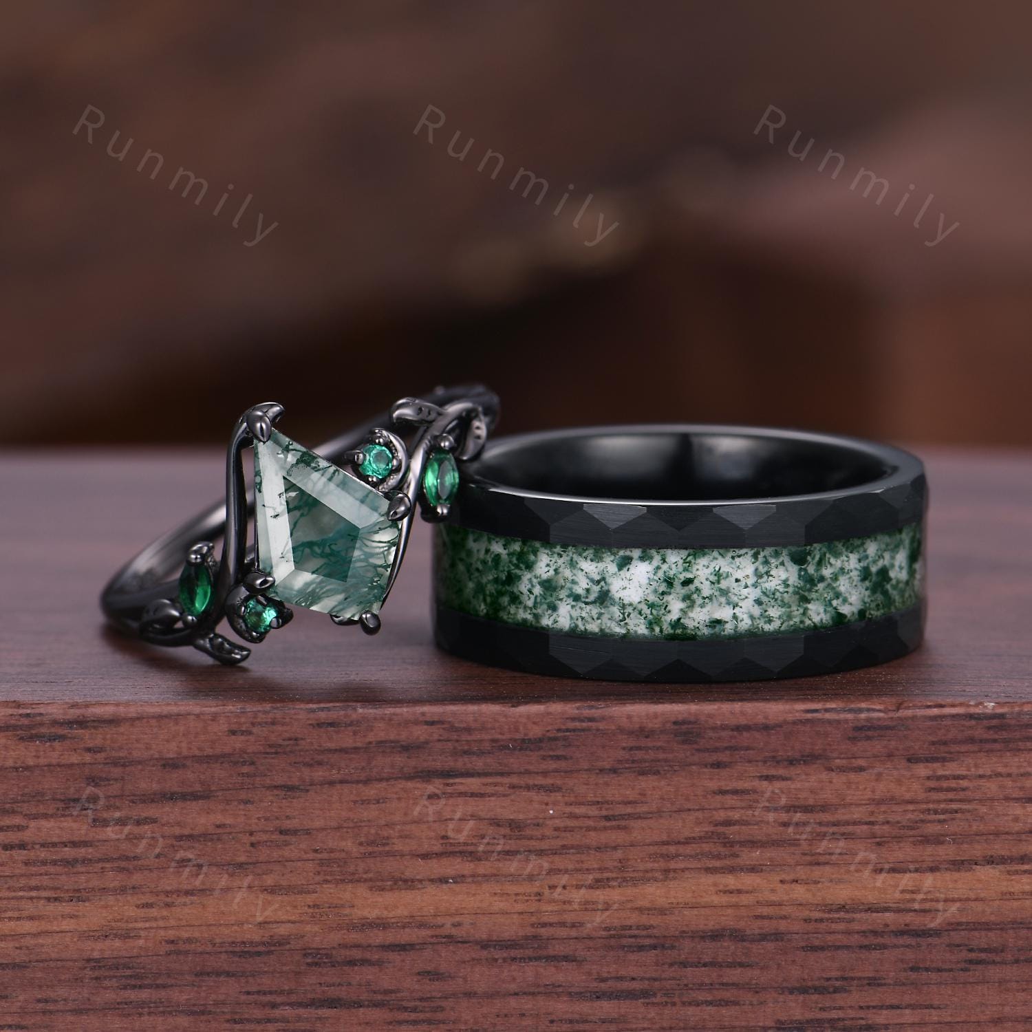 Natural Moss Agate Couples Ring, His and Hers Moss Agate Ring Set, Matching Nature Inspired Promise Rings, Alternative Engagement Ring