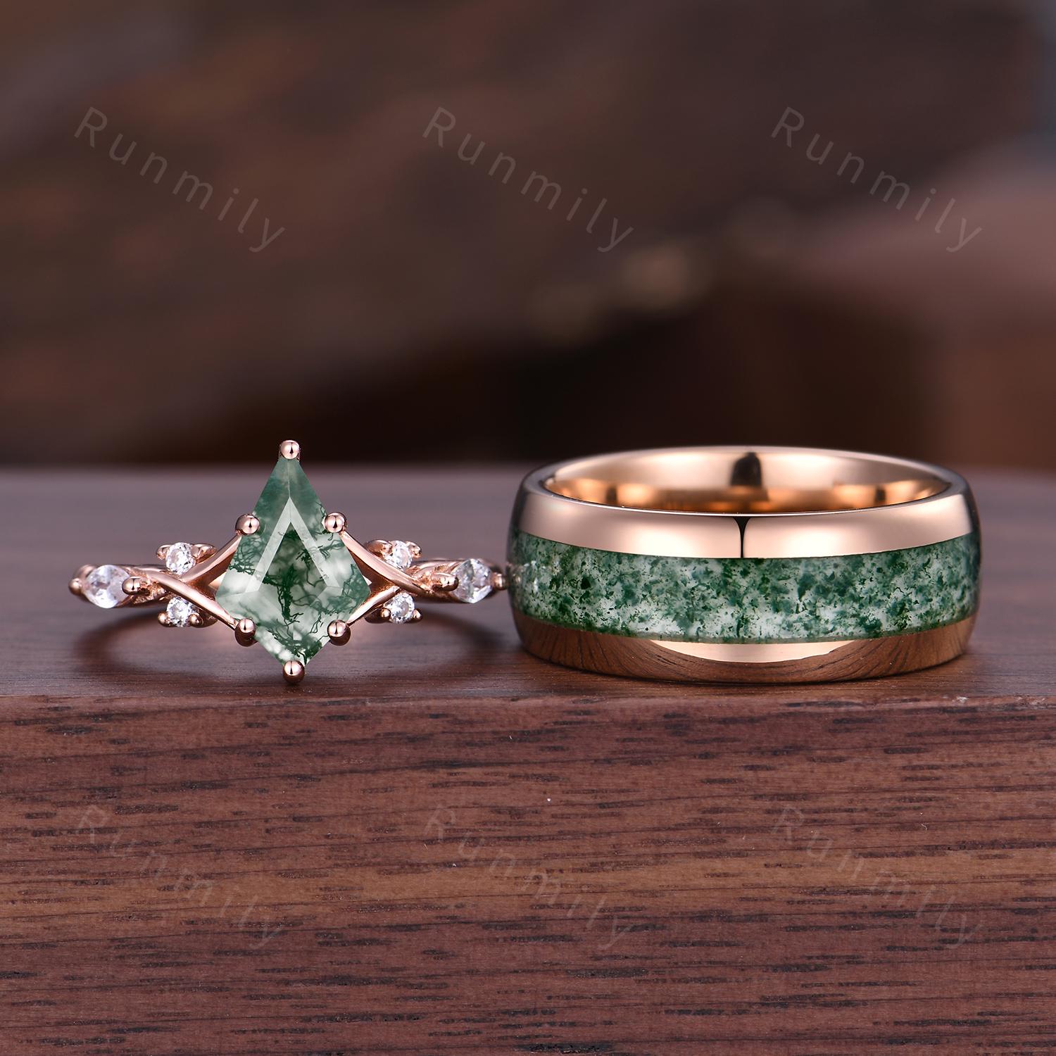 Vintage Moss Agate Couples Ring Rose Gold His And Hers Moss Agate Ring Set Matching Promise Ring Unique Engagement Ring Mens Moss Agate Ring