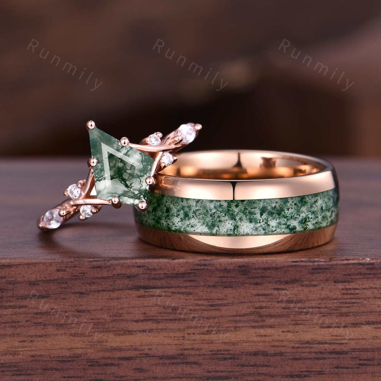 Vintage Moss Agate Couples Ring Rose Gold His And Hers Moss Agate Ring Set Matching Promise Ring Unique Engagement Ring Mens Moss Agate Ring