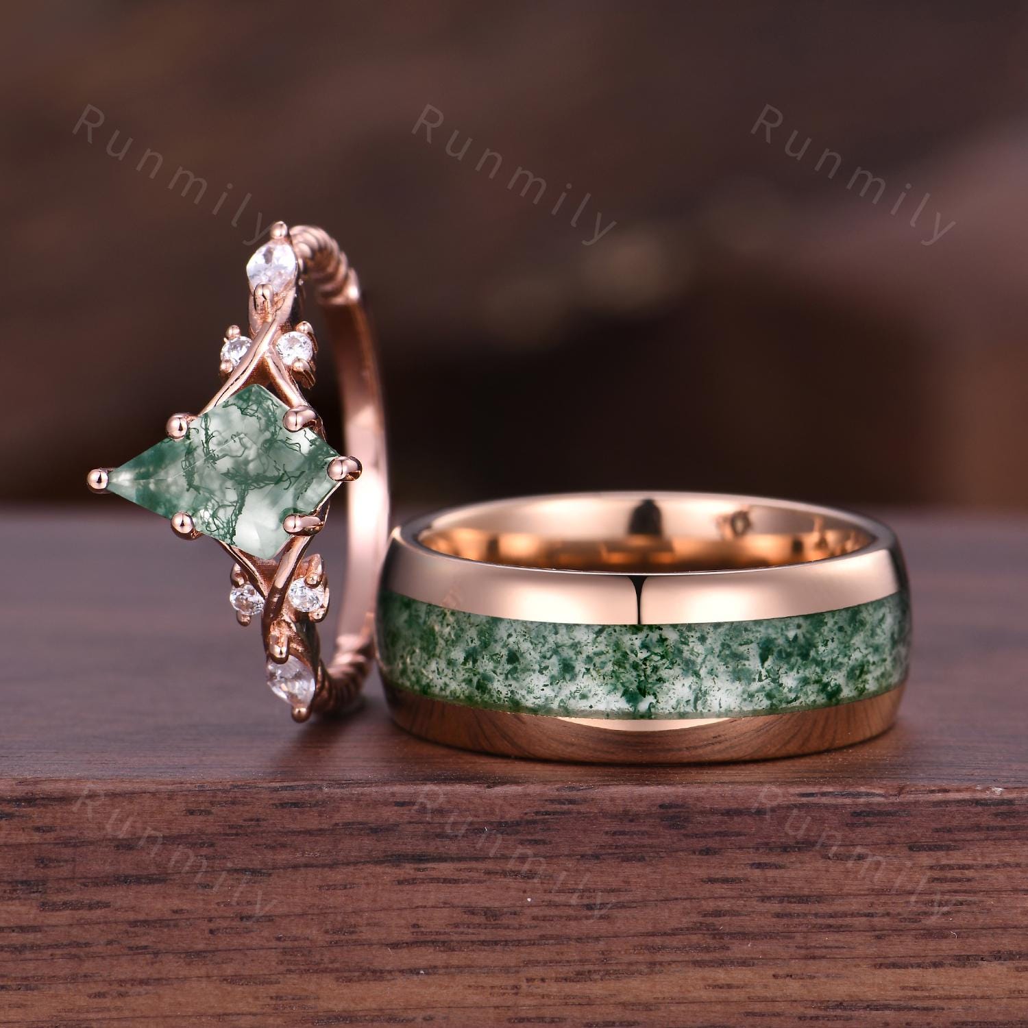 Vintage Moss Agate Couples Ring Rose Gold His And Hers Moss Agate Ring Set Matching Promise Ring Unique Engagement Ring Mens Moss Agate Ring