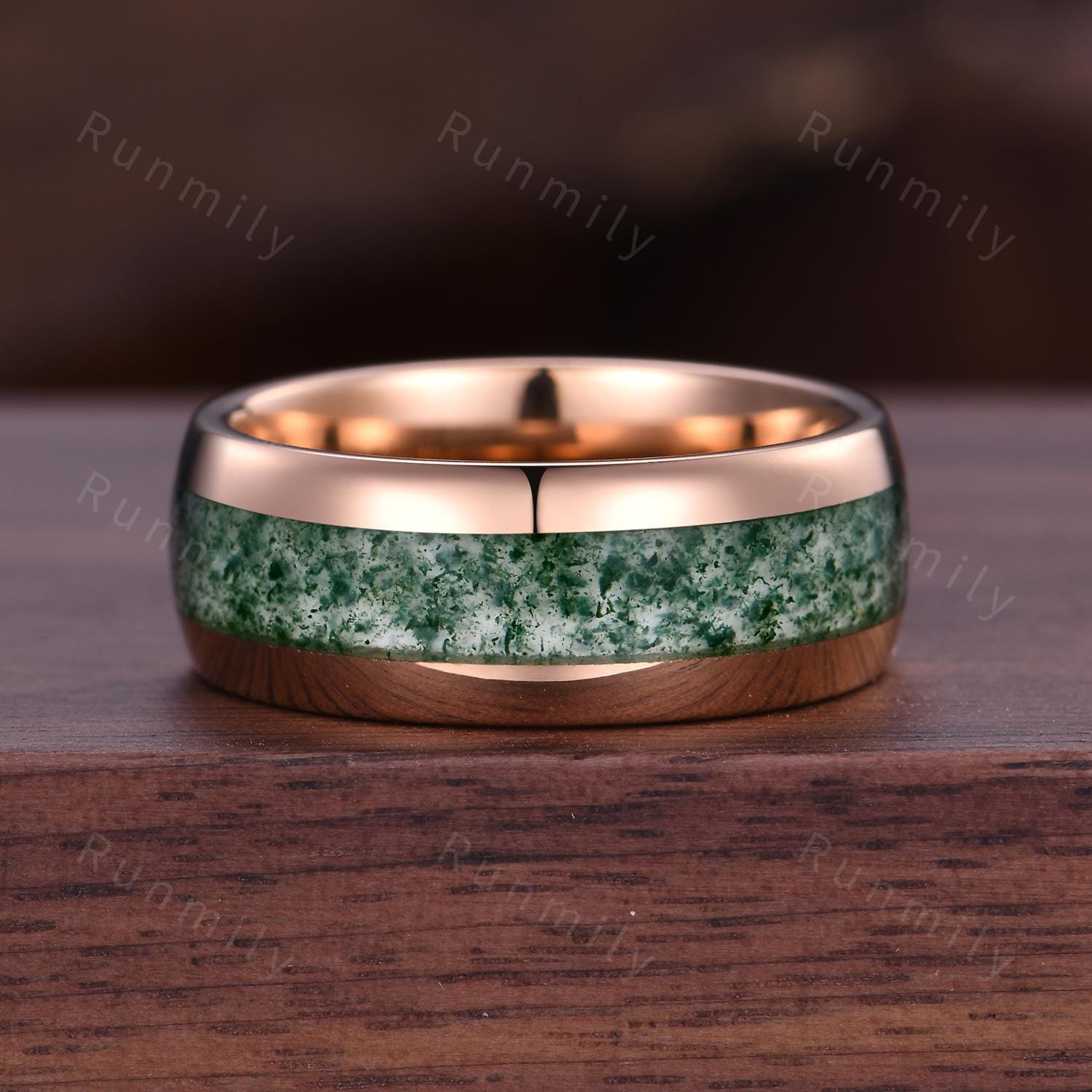 Vintage Natural Moss Agate Couples Ring Yellow Gold Matching Ring Set His And Hers Wedding Band Tungsten Gold Ring Moss Agate Promise Rings