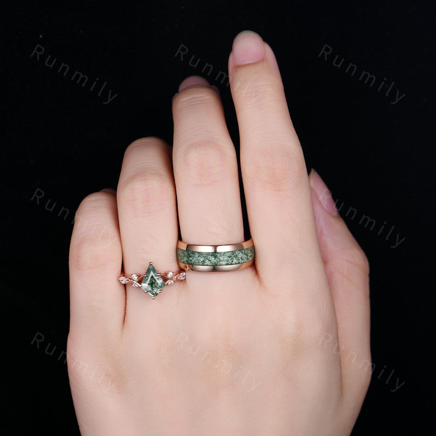 Vintage Moss Agate Couples Ring Rose Gold His And Hers Moss Agate Ring Set Matching Promise Ring Unique Engagement Ring Mens Moss Agate Ring