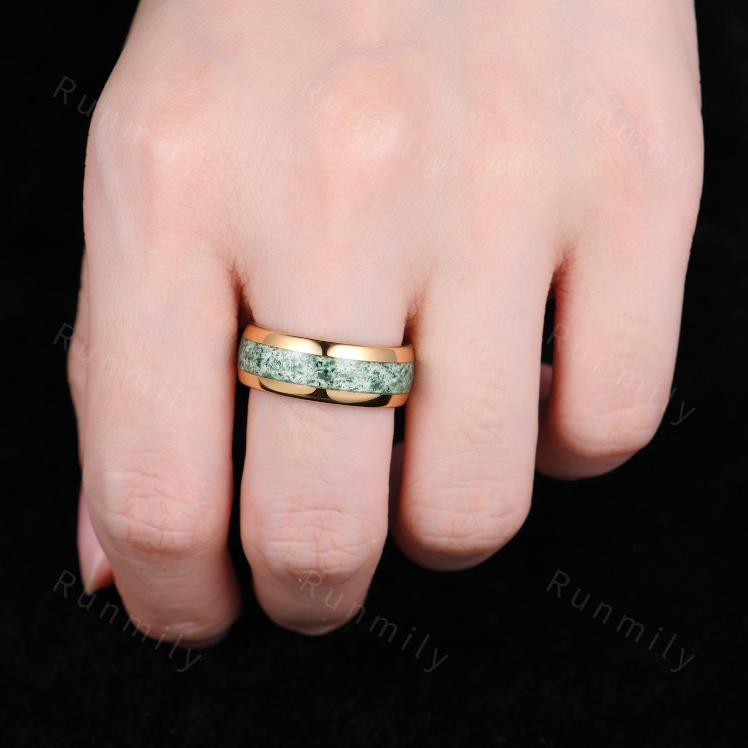 Vintage Natural Moss Agate Couples Ring Yellow Gold Matching Ring Set His And Hers Wedding Band Tungsten Gold Ring Moss Agate Promise Rings