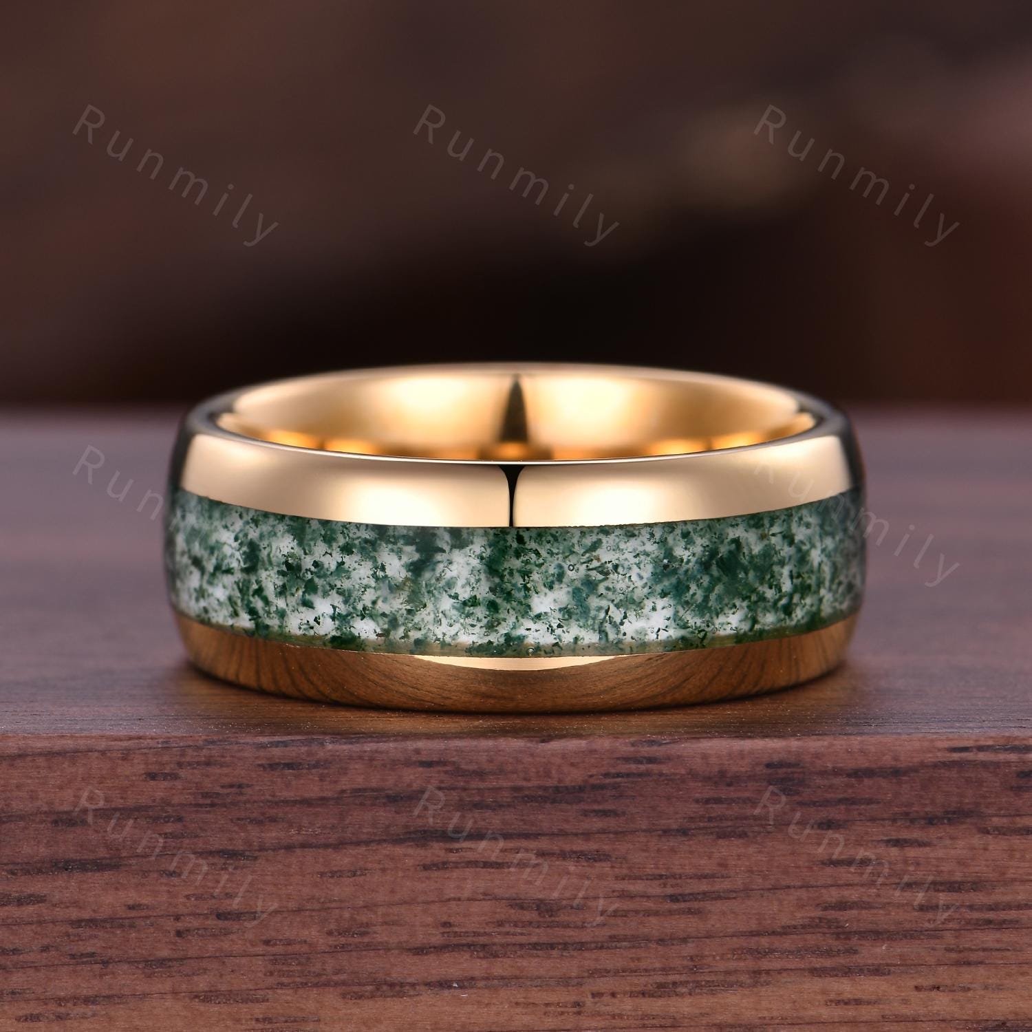 Vintage Natural Moss Agate Couples Ring Yellow Gold Matching Ring Set His And Hers Wedding Band Tungsten Gold Ring Moss Agate Promise Rings