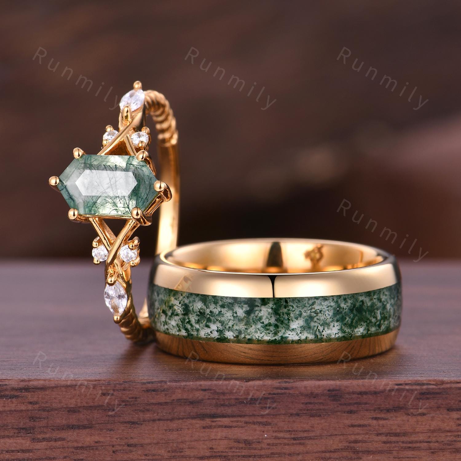 Vintage Natural Moss Agate Couples Ring Yellow Gold Matching Ring Set His And Hers Wedding Band Tungsten Gold Ring Moss Agate Promise Rings