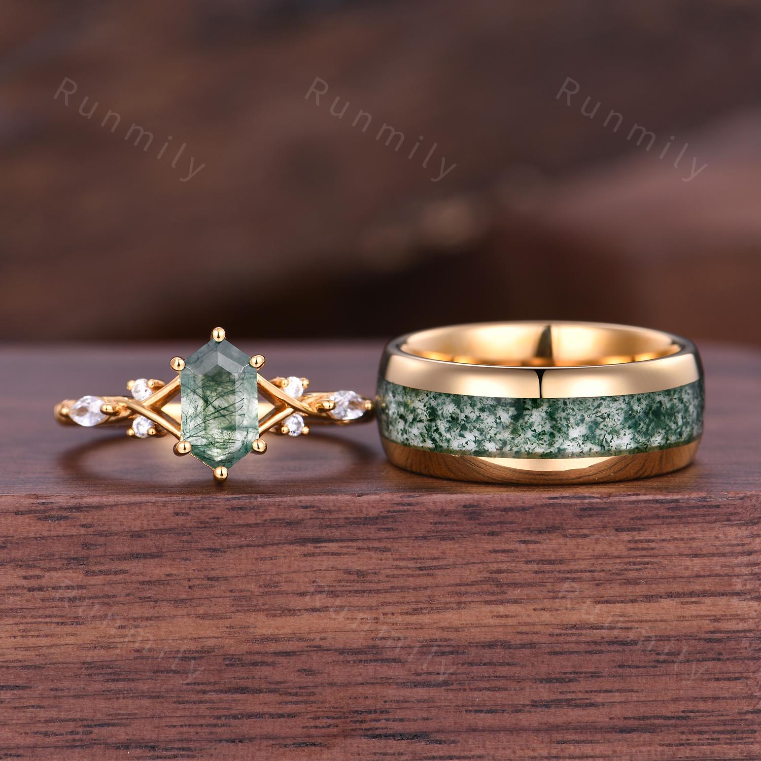 Vintage Natural Moss Agate Couples Ring Yellow Gold Matching Ring Set His And Hers Wedding Band Tungsten Gold Ring Moss Agate Promise Rings