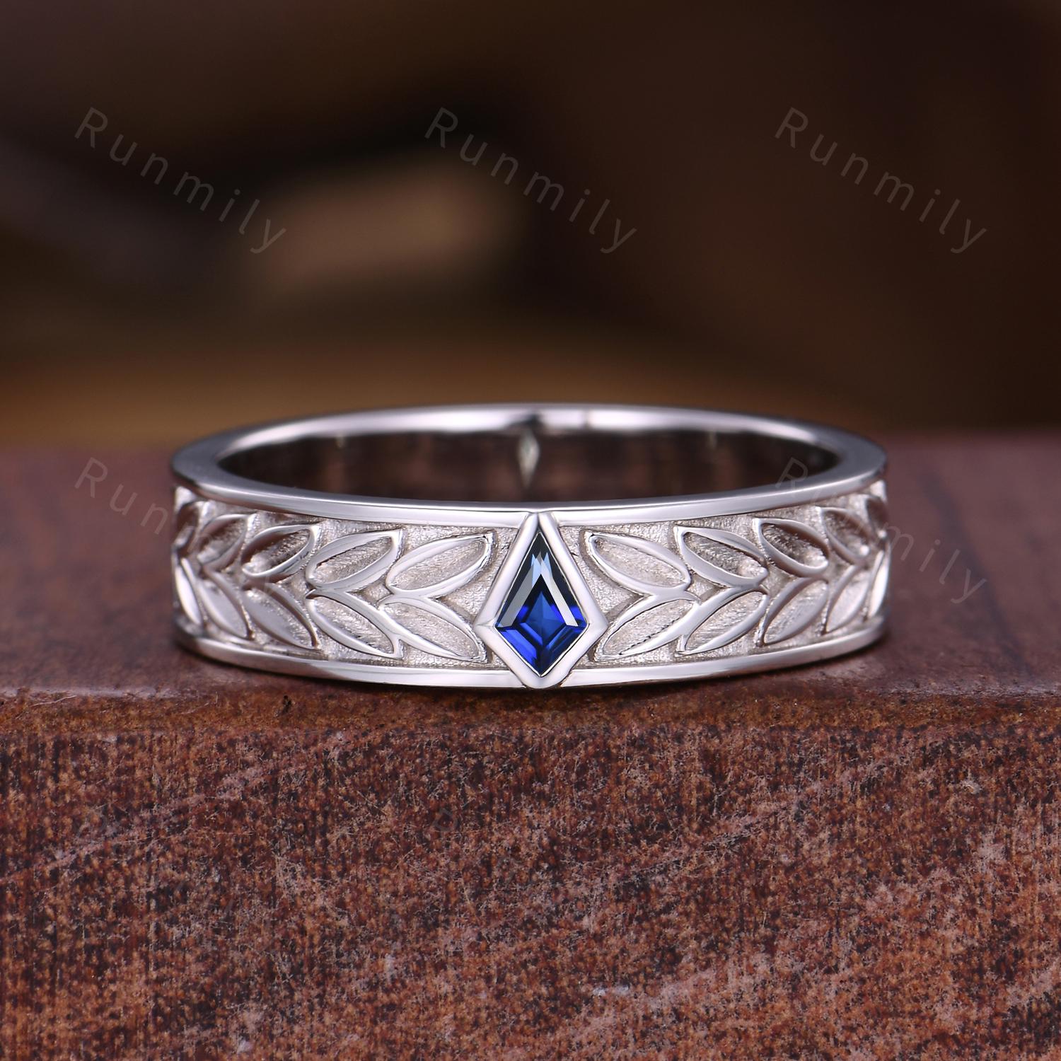 Mens Blue Sapphire Wedding Band Unique Kite cut Wedding Band For Mens Sapphire Gemstone Ring His Engagement Ring Band Leaf-Inspired Ring