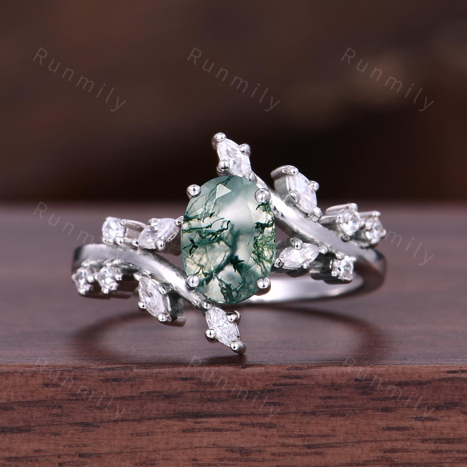 Natural Moss Agate Promise Rings Vintage Vine Diamond Ring Sterling Silver His and Hers Wedding Band Mens Moss Agate Ring Couples Ring Set