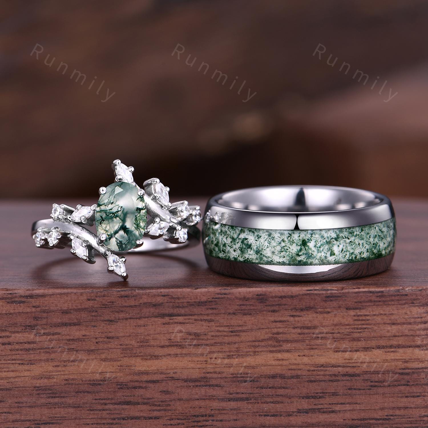 Natural Moss Agate Promise Rings Vintage Vine Diamond Ring Sterling Silver His and Hers Wedding Band Mens Moss Agate Ring Couples Ring Set