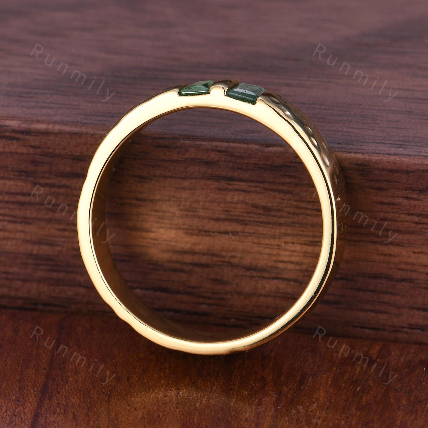 Moss Agate Emerald Mens Wedding Band Mens Yellow Gold Band Baguette Green Agate Men's Ring Unique Hammered Stacking Ring Retro Vintage Band