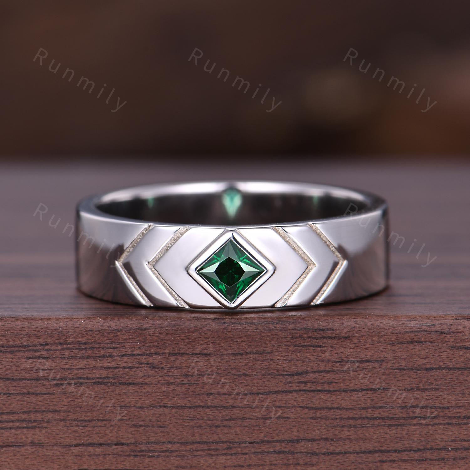 Princess Cut Emerald Wedding Band Silver 5mm Green Emerald Men's Ring Unique Mens Engagement Ring Band Retro Vintage Mens Bezel Set Ring