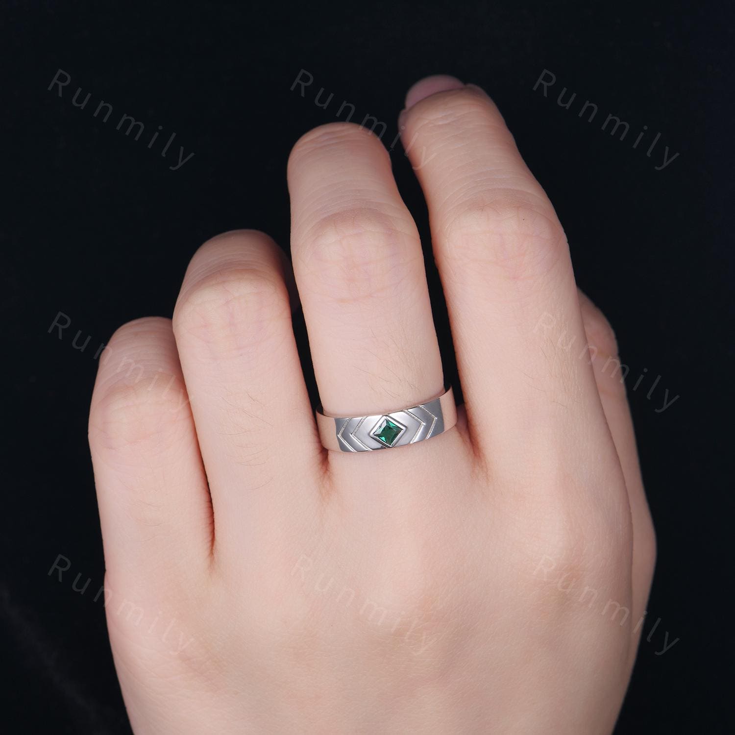 Princess cut Moissanite Mens Wedding Band Silver 5mm Men's Stacking Ring Unique His Engagement Ring Band Retro Vintage Bezel Set Ring