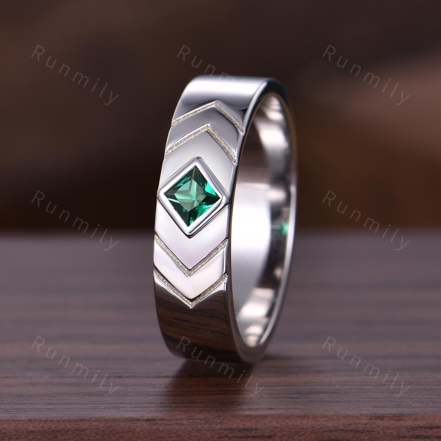 Princess Cut Emerald Wedding Band Silver 5mm Green Emerald Men's Ring Unique Mens Engagement Ring Band Retro Vintage Mens Bezel Set Ring