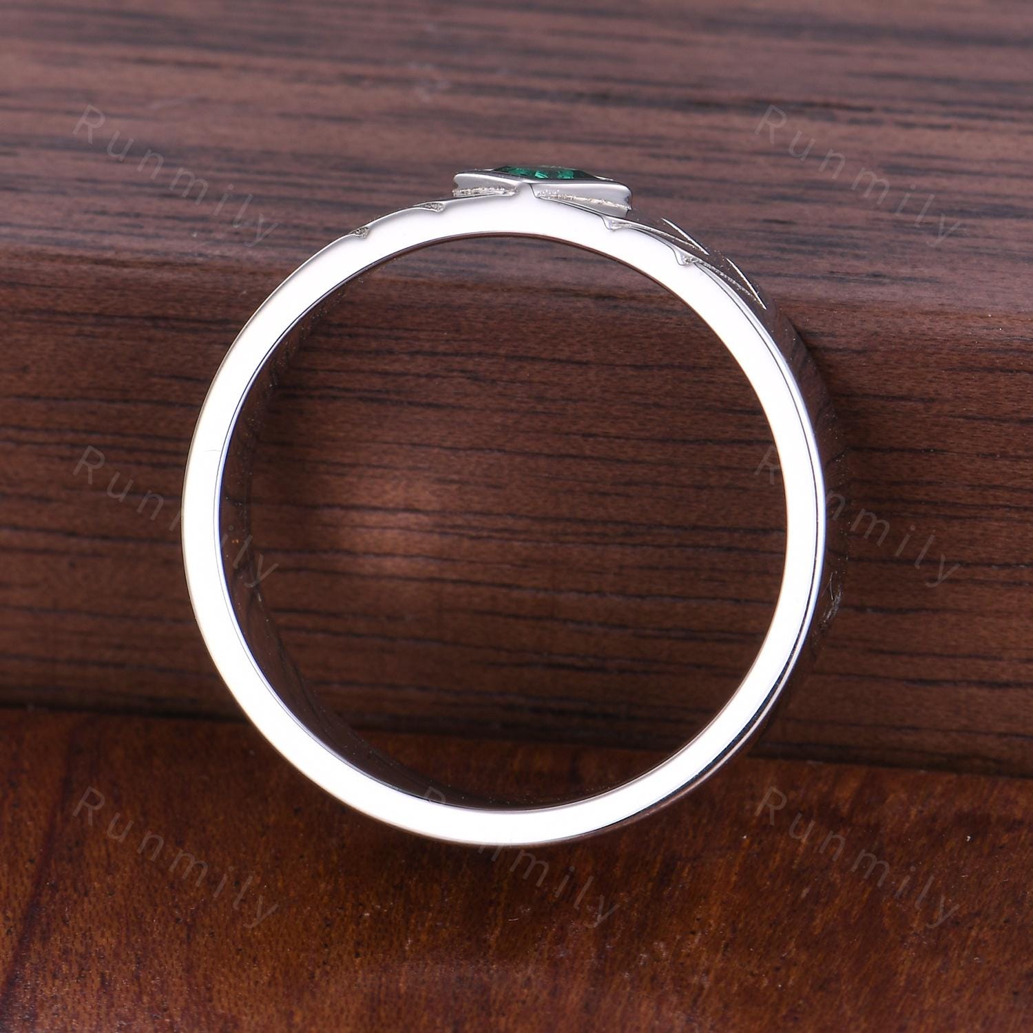 Princess Cut Emerald Wedding Band Silver 5mm Green Emerald Men's Ring Unique Mens Engagement Ring Band Retro Vintage Mens Bezel Set Ring