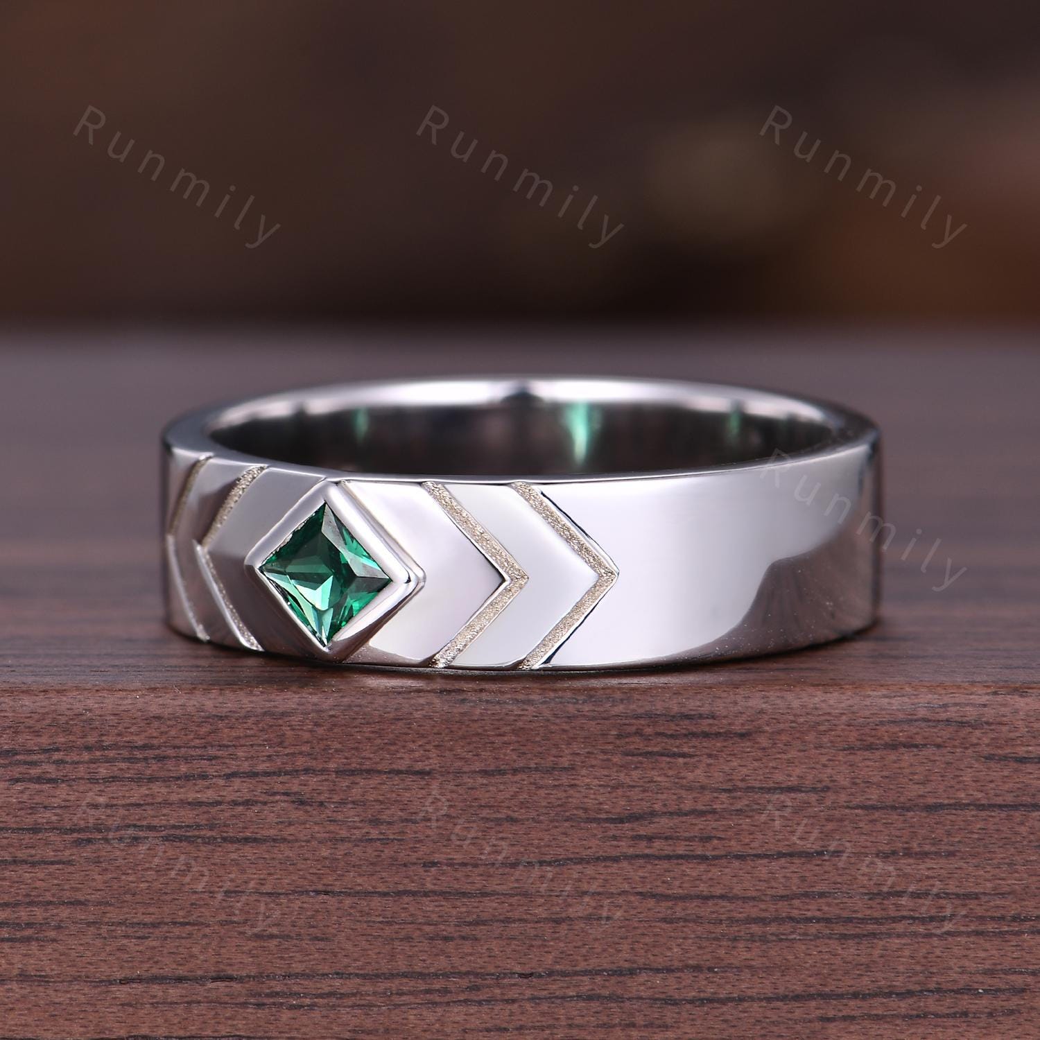 Princess Cut Emerald Wedding Band Silver 5mm Green Emerald Men's Ring Unique Mens Engagement Ring Band Retro Vintage Mens Bezel Set Ring