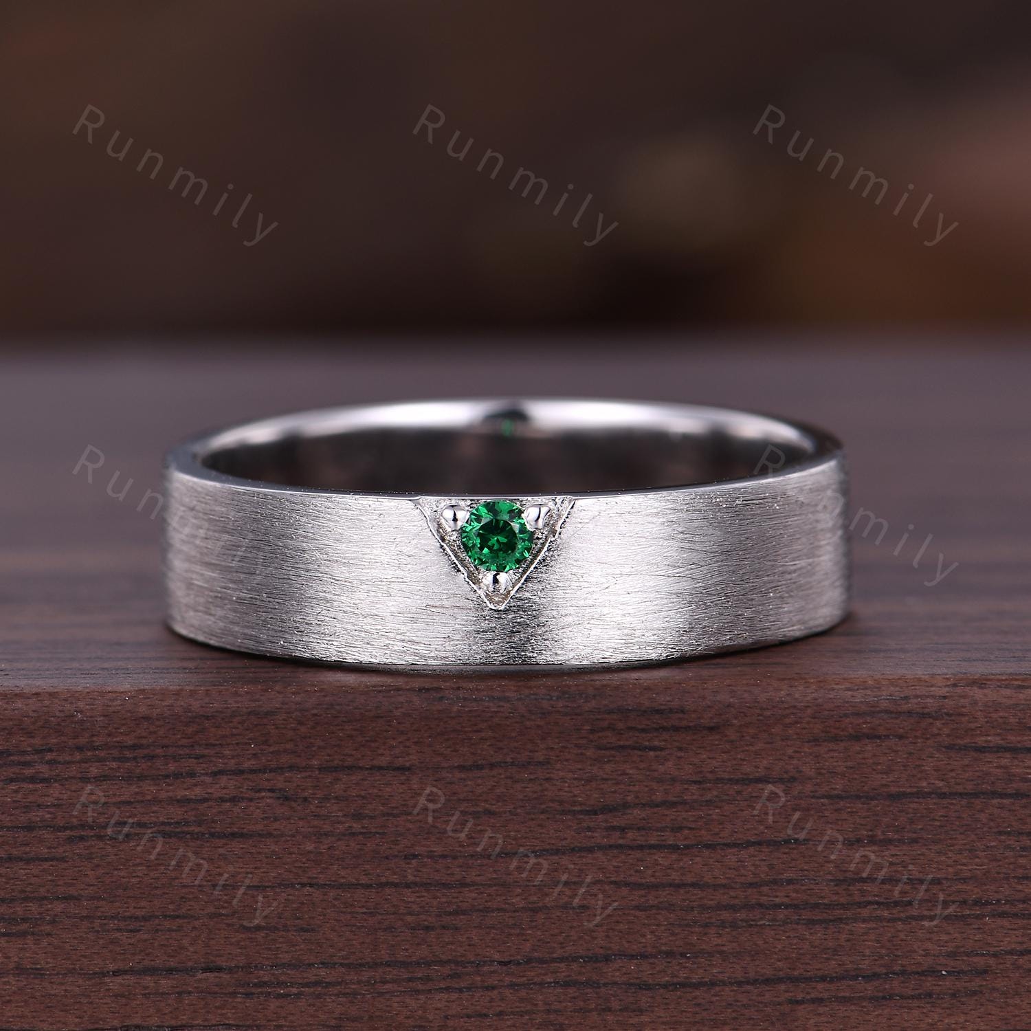 Unique Emerald Mens Wedding Band 925 Silver Brushed Finish Band Mens 5mm Engagement Ring Unisex Wedding Band Anniversary Gift For Husband