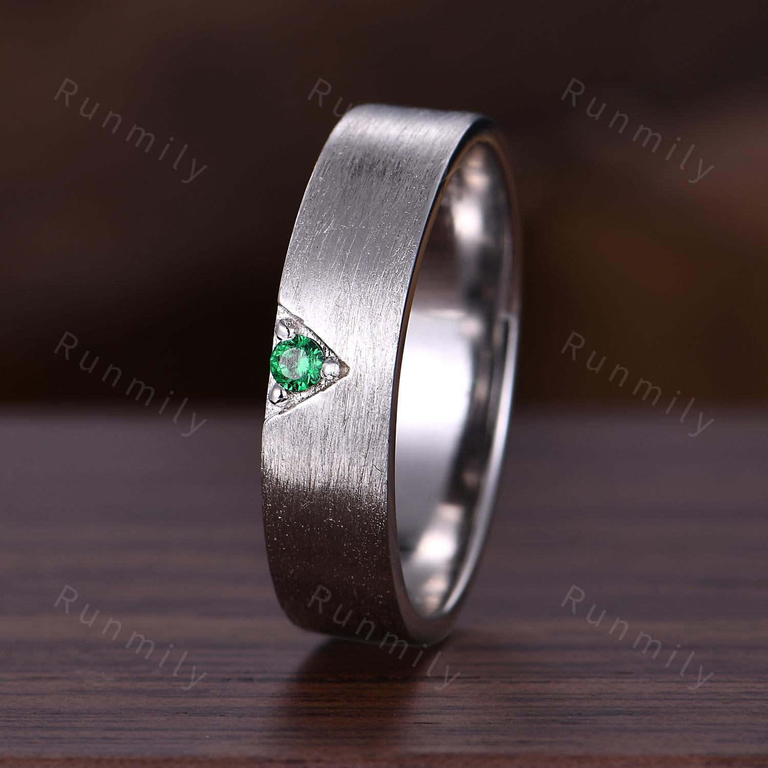 Unique Emerald Mens Wedding Band 925 Silver Brushed Finish Band Mens 5mm Engagement Ring Unisex Wedding Band Anniversary Gift For Husband