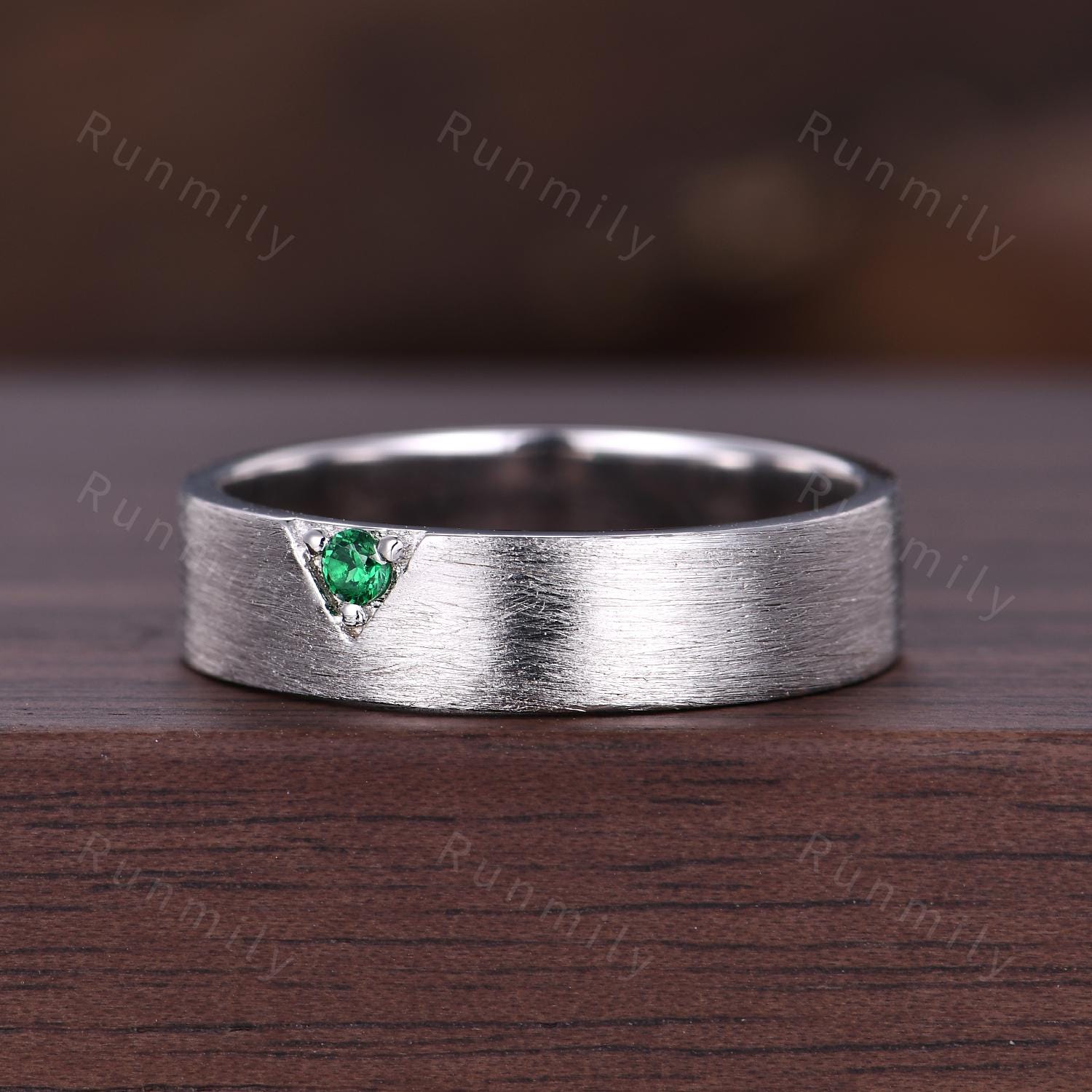 Unique Emerald Mens Wedding Band 925 Silver Brushed Finish Band Mens 5mm Engagement Ring Unisex Wedding Band Anniversary Gift For Husband