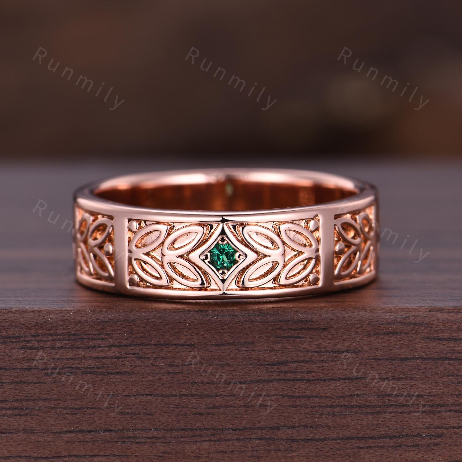 Mens Emerald Wedding Band Art Deco Leaf Design Wedding Band 6mm Rose Gold Ring Unique Nature Inspired Stacking Band Retro Vintage Ring