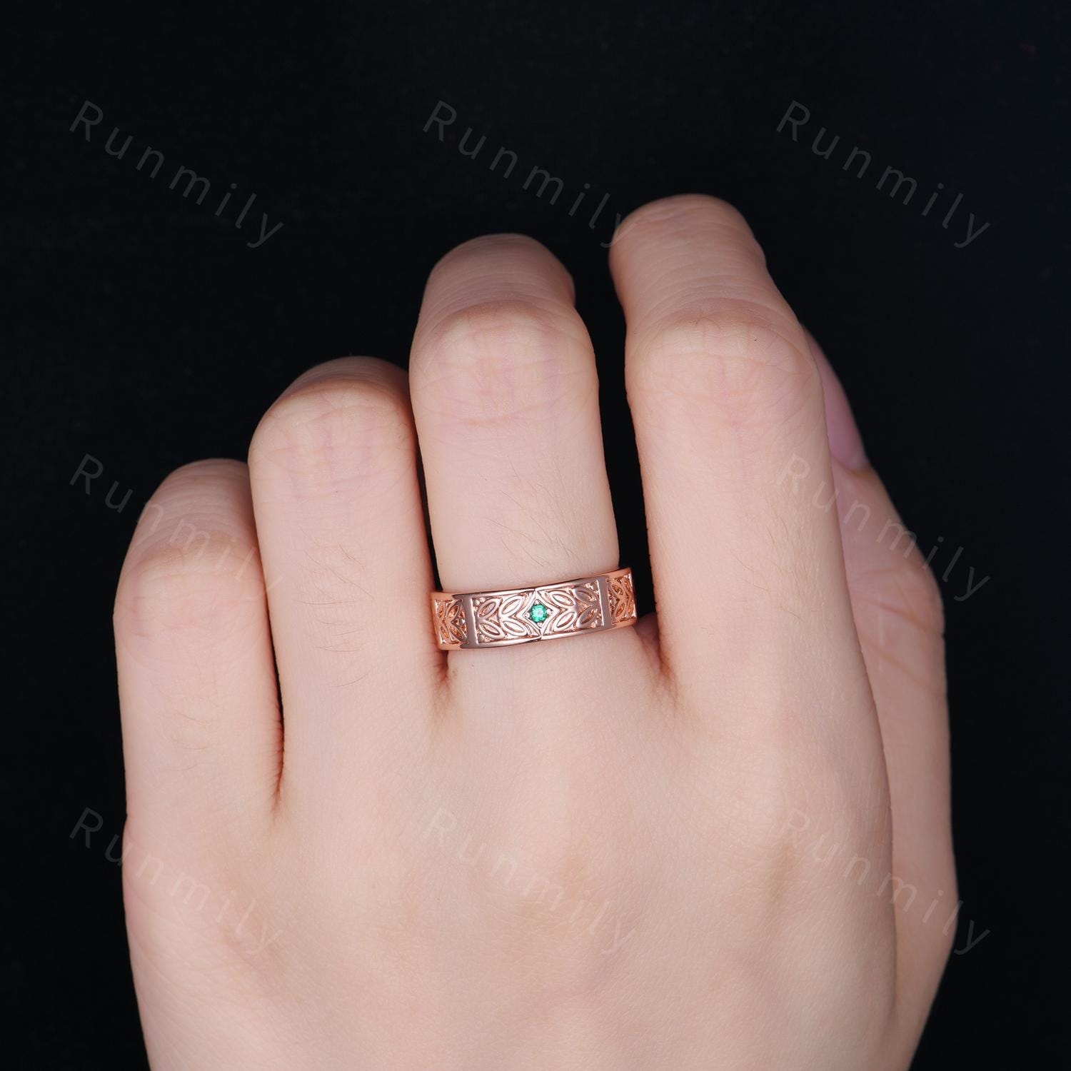 Mens Emerald Wedding Band Art Deco Leaf Design Wedding Band 6mm Rose Gold Ring Unique Nature Inspired Stacking Band Retro Vintage Ring