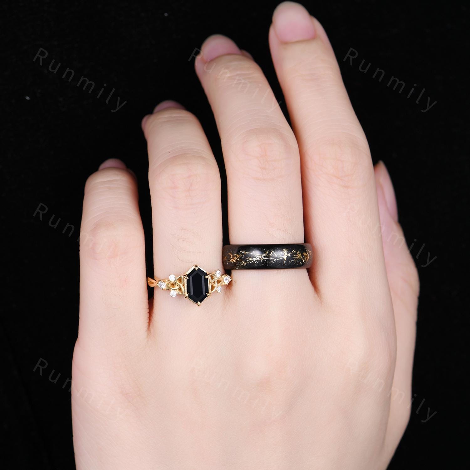 Vintage Black Onyx Couple Ring Yellow Gold His And Hers Wedding Band Celtic Knot Ring Mens 6mm Black Tungsten Ring Couple Promise Ring Set