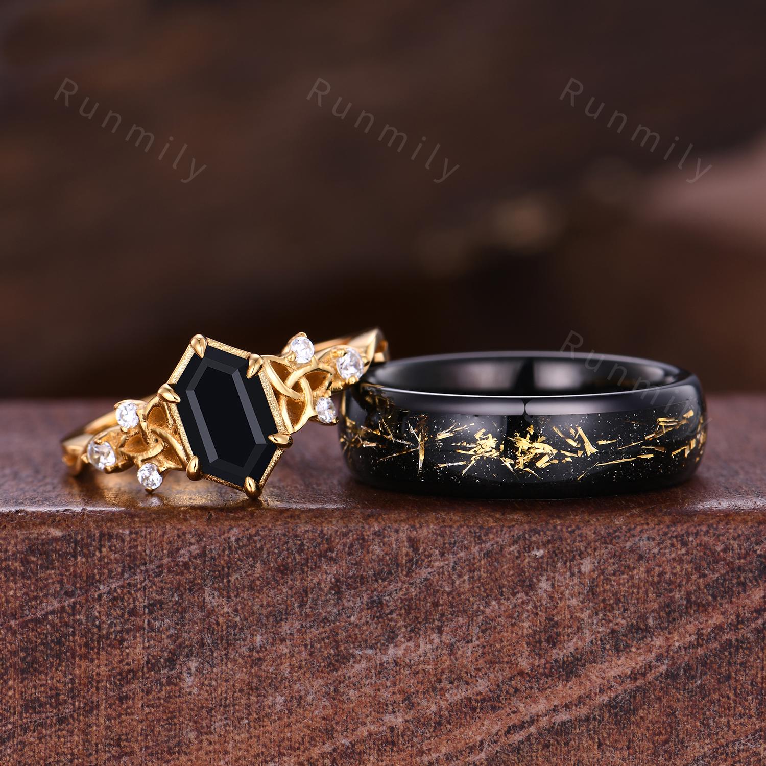 Vintage Black Onyx Couple Ring Yellow Gold His And Hers Wedding Band Celtic Knot Ring Mens 6mm Black Tungsten Ring Couple Promise Ring Set