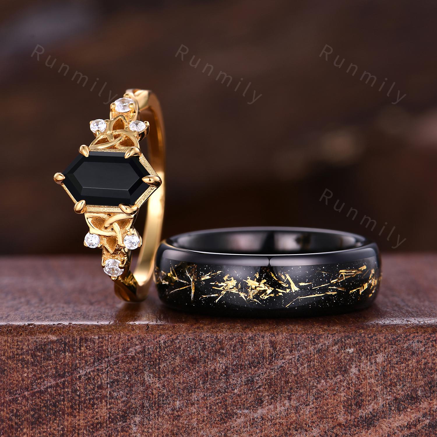 Vintage Black Onyx Couple Ring Yellow Gold His And Hers Wedding Band Celtic Knot Ring Mens 6mm Black Tungsten Ring Couple Promise Ring Set