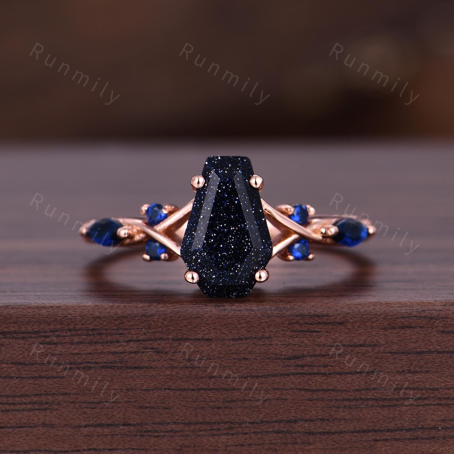 Coffin cut blue nebula ring Galaxy sandstone engagement ring unique Blue sapphire twisted band ring Vintage rose gold bridal promise ring