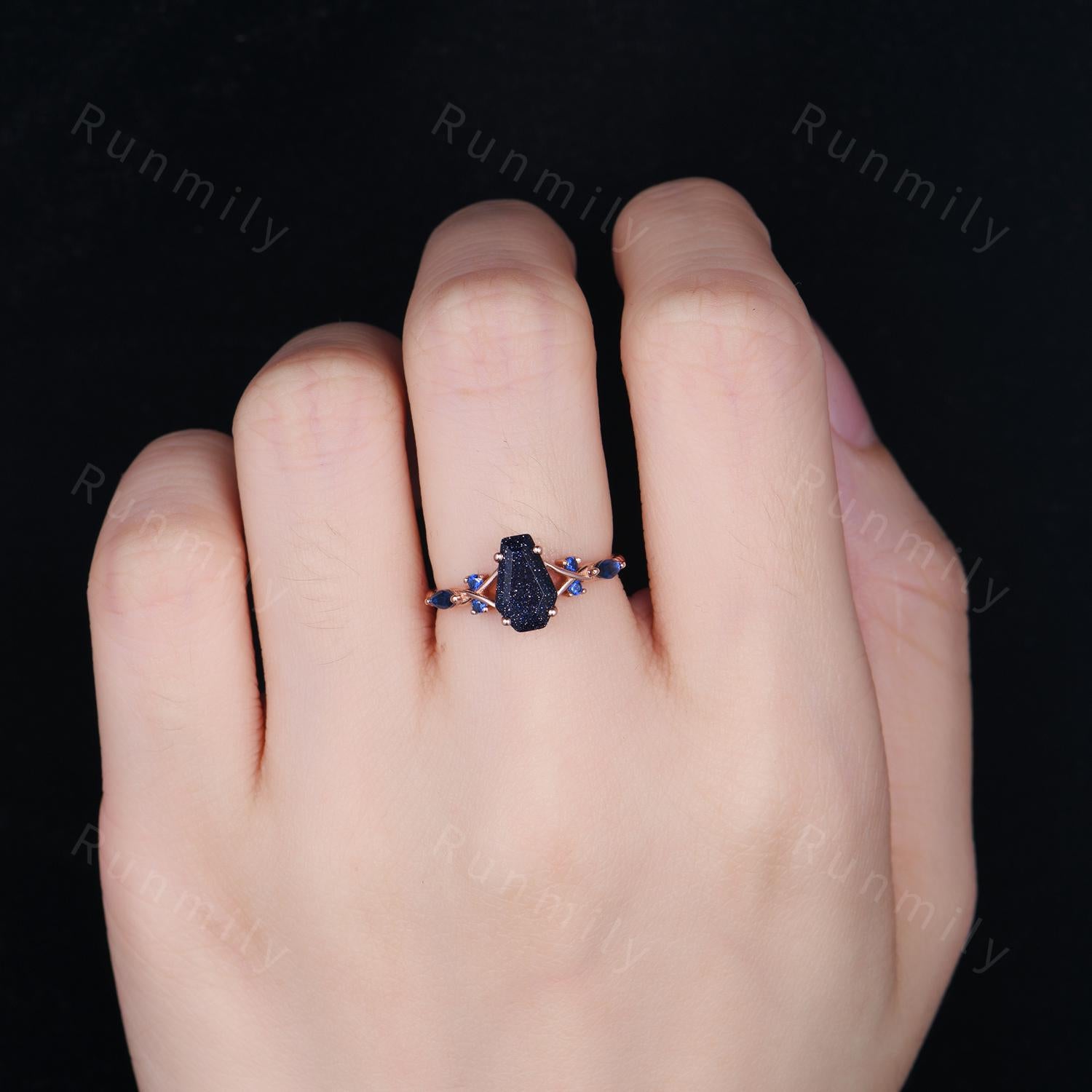 Coffin cut blue nebula ring Galaxy sandstone engagement ring unique Blue sapphire twisted band ring Vintage rose gold bridal promise ring