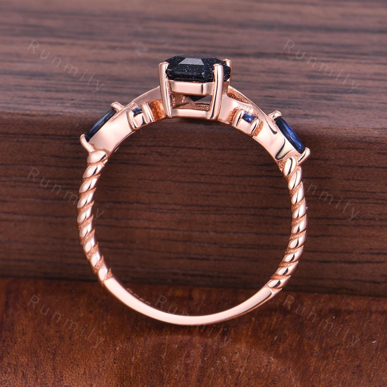 Coffin cut blue nebula ring Galaxy sandstone engagement ring unique Blue sapphire twisted band ring Vintage rose gold bridal promise ring