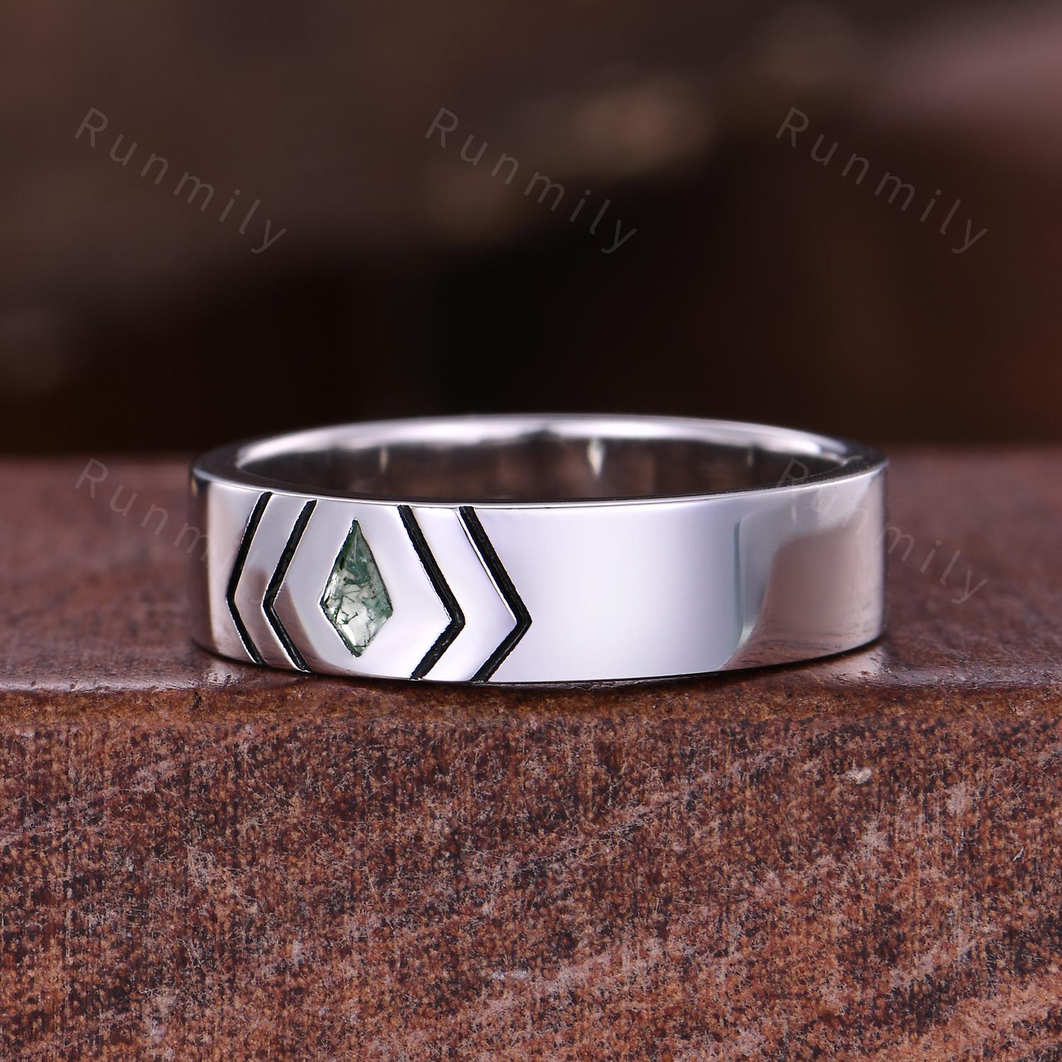 Kite cut Moss Agate Wedding Band Vintage Silver Mens Wedding Band 5mm Green Agate Men's Ring Unique Mens Engagement Ring Band For Husband