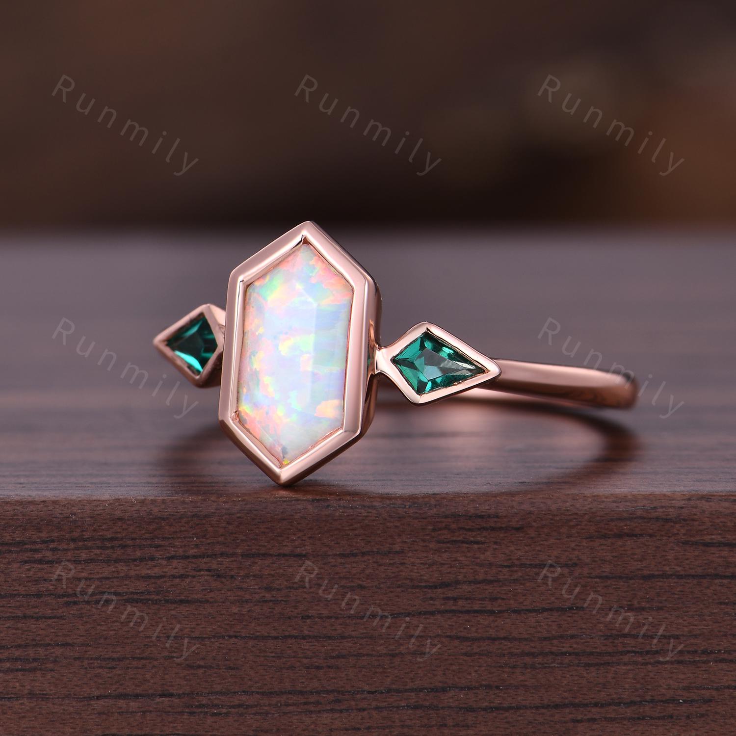 Opal Emerald Engagement Ring Rose Gold Three Stone Ring For Women Hexagon Cut White Opal Ring Unique Kite Emerald Bridal Ring Birthstone Gem