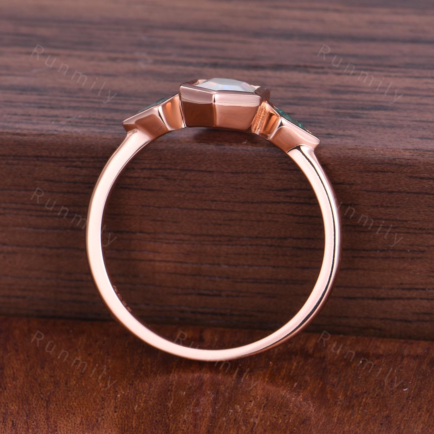 Moss Agate Emerald Engagement Ring Rose Gold Three Stone Ring For Women Hexagon Cut Bridal Ring Unique Women Promise Ring