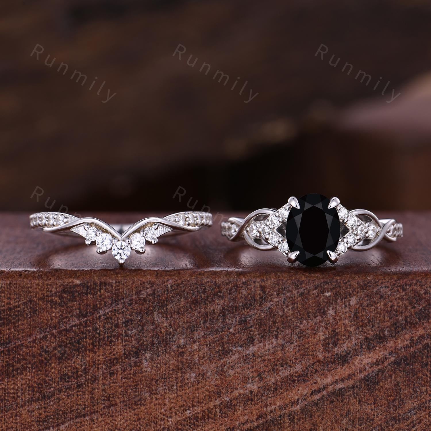 Vintage Black Onyx Engagement Ring Sterling Silver Oval Cut Ring Unique Twig Ring Art Deco Curve Stacking Band Bridal Moissanite Wedding Set