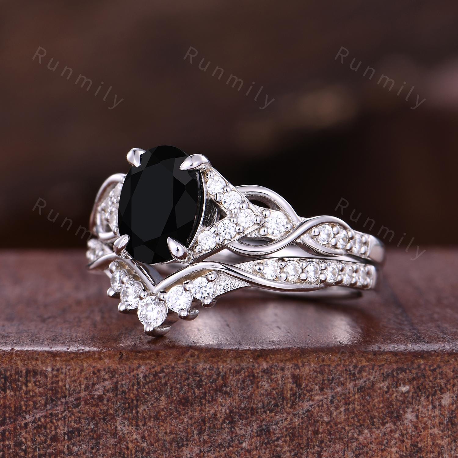 Vintage Black Onyx Engagement Ring Sterling Silver Oval Cut Ring Unique Twig Ring Art Deco Curve Stacking Band Bridal Moissanite Wedding Set
