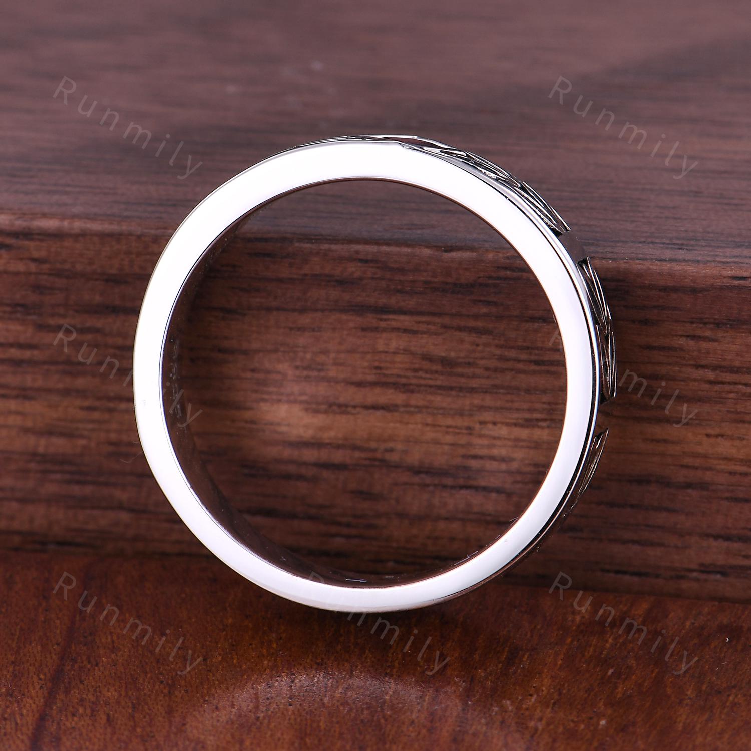 Princess Cut Garnet Mens Wedding Band Art Deco Leaf Design Mens Band 5mm Silver Black Ring Unique Nature Inspired Stacking Band Retro Ring