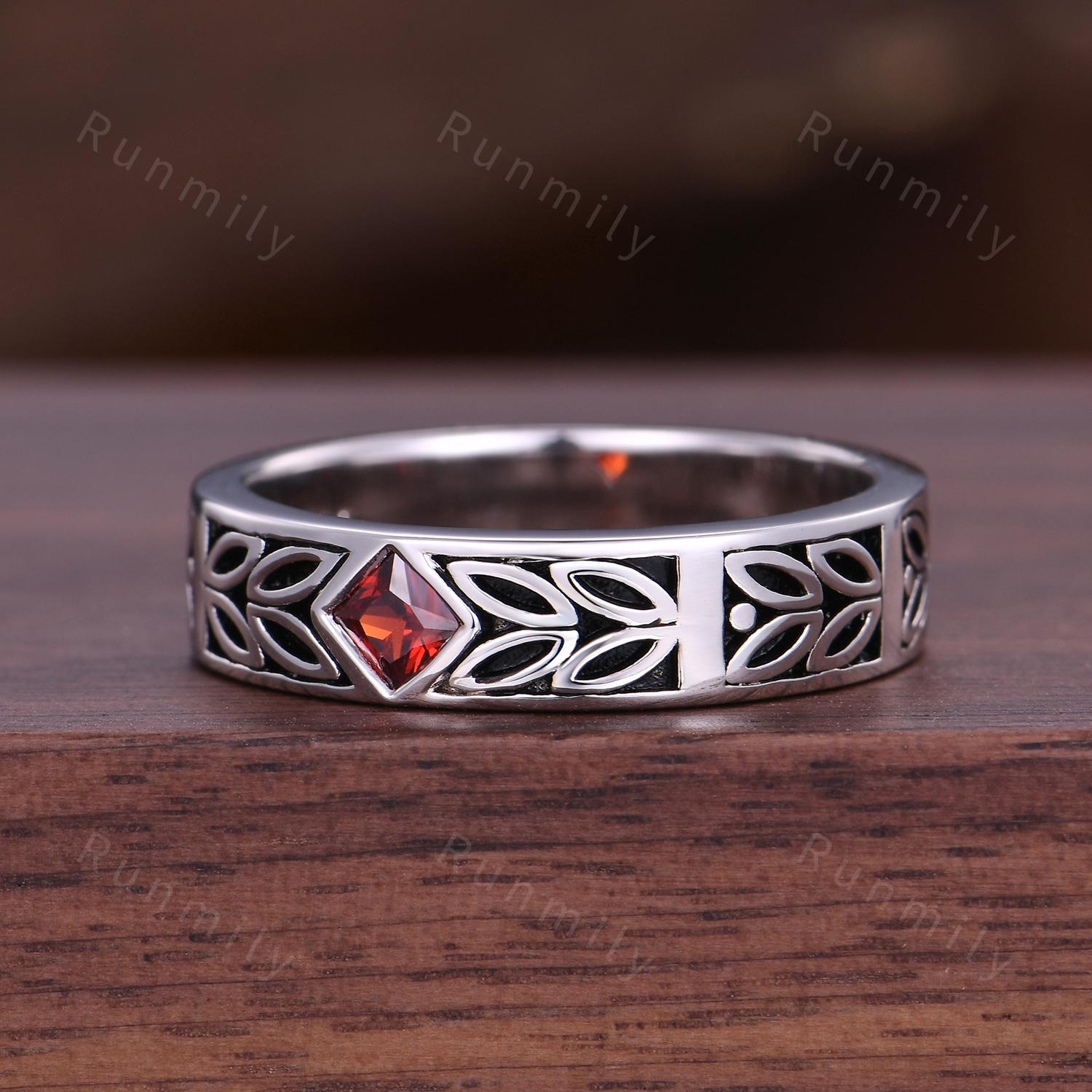 Princess Cut Garnet Mens Wedding Band Art Deco Leaf Design Mens Band 5mm Silver Black Ring Unique Nature Inspired Stacking Band Retro Ring