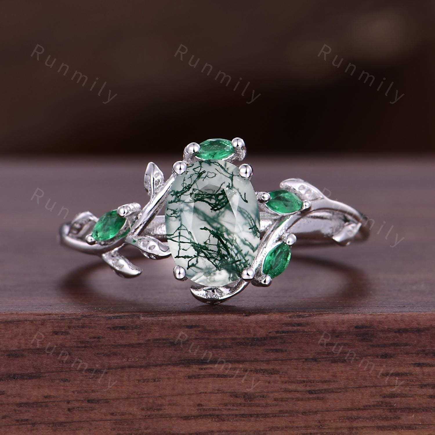 Natural Moss Agate Couples Ring Set Vintage Emerald Leaf Style Ring Silver & Tungsten His and Hers Wedding Band Mens Moss Agate Ring Gift