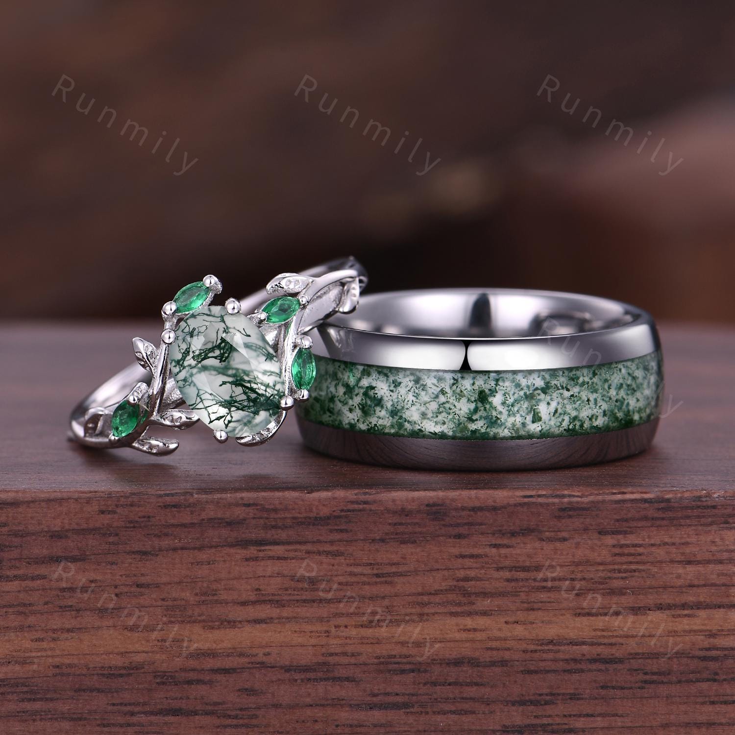 Natural Moss Agate Couples Ring Set Vintage Emerald Leaf Style Ring Silver & Tungsten His and Hers Wedding Band Mens Moss Agate Ring Gift