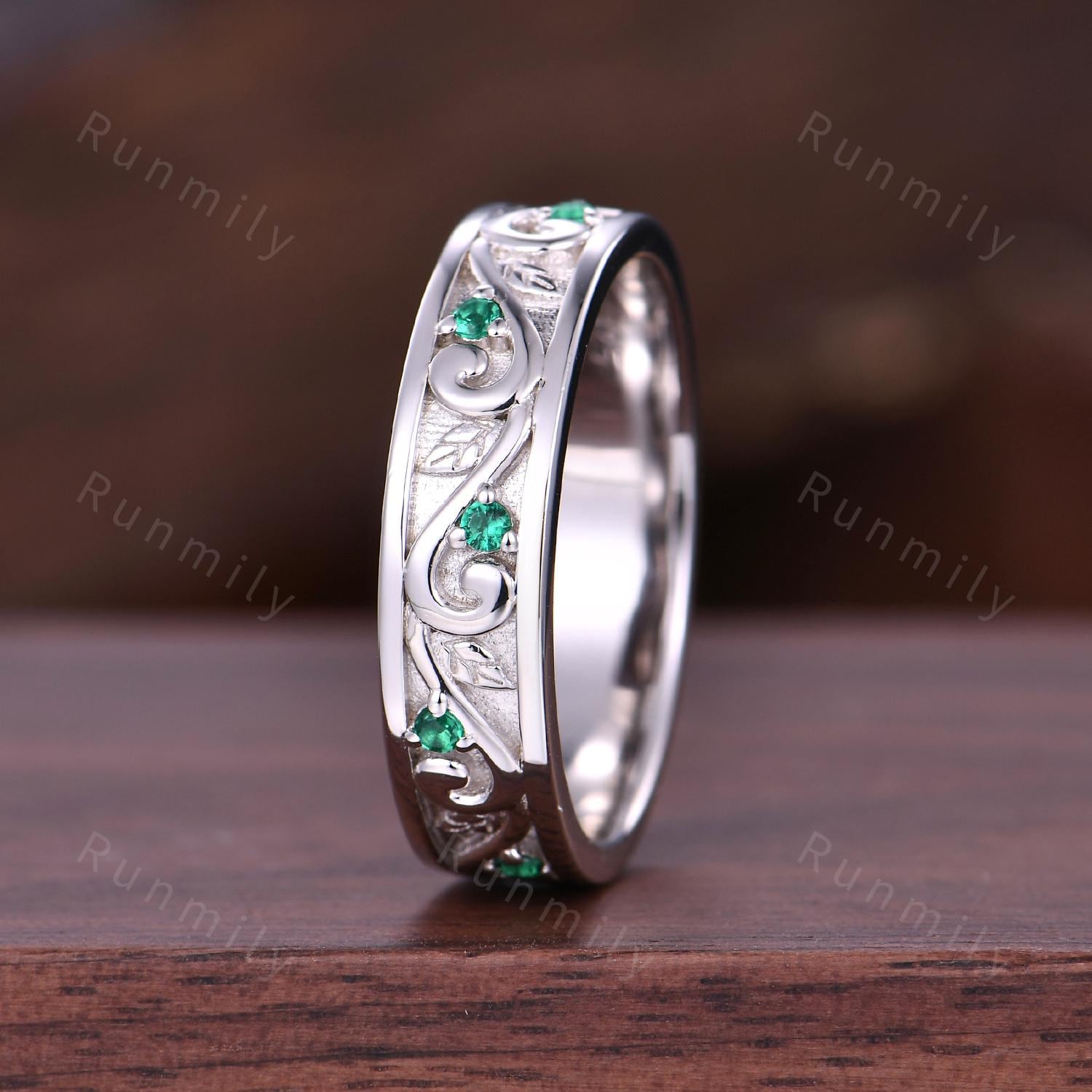 Twig Leaf Emerald Mens Wedding Band Unique Mens Emerald Wedding Ring Mens Silver 5mm Ring His Engagement Ring Band Gift For Husband