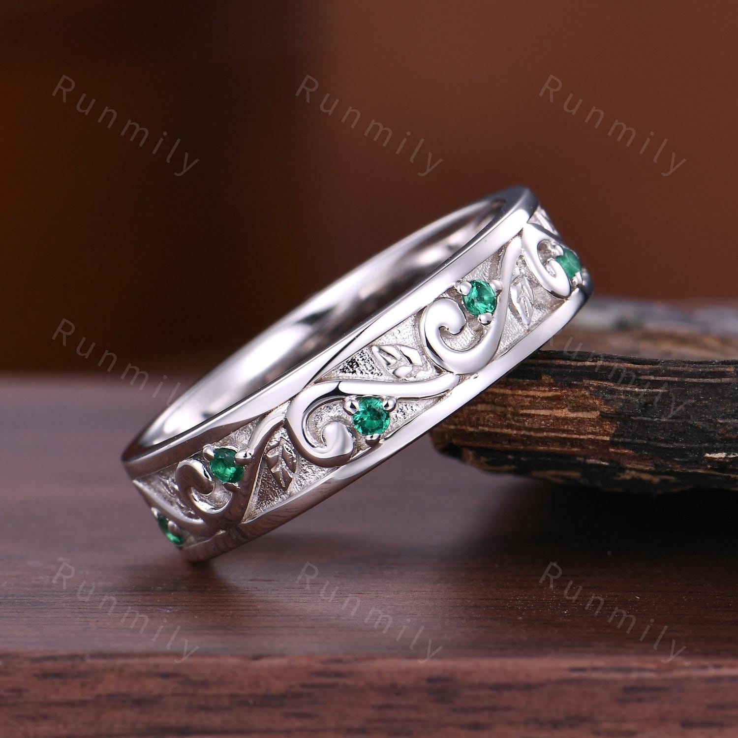 Twig Leaf Emerald Mens Wedding Band Unique Mens Emerald Wedding Ring Mens Silver 5mm Ring His Engagement Ring Band Gift For Husband