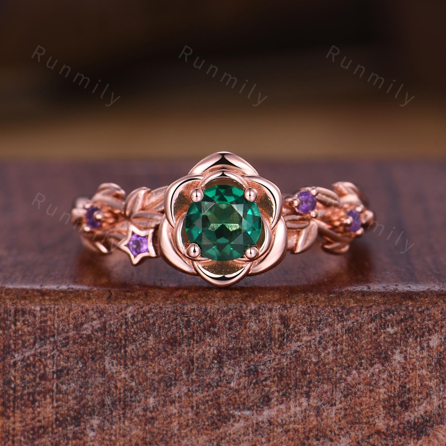 Flower Emerald Engagement Ring Rose Gold Nature Inspired Leaf Wedding Ring Floral Amethyst Ring Branch Ring Vintage Promise Bridal Ring