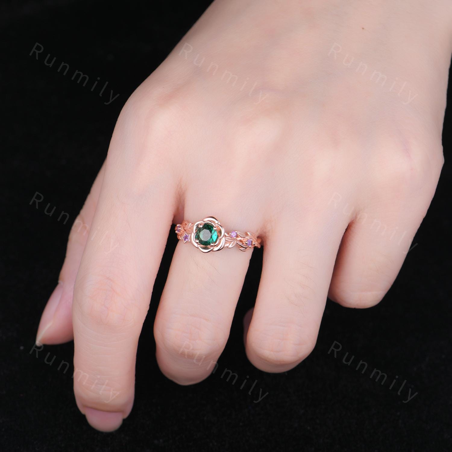 Flower Emerald Engagement Ring Rose Gold Nature Inspired Leaf Wedding Ring Floral Amethyst Ring Branch Ring Vintage Promise Bridal Ring