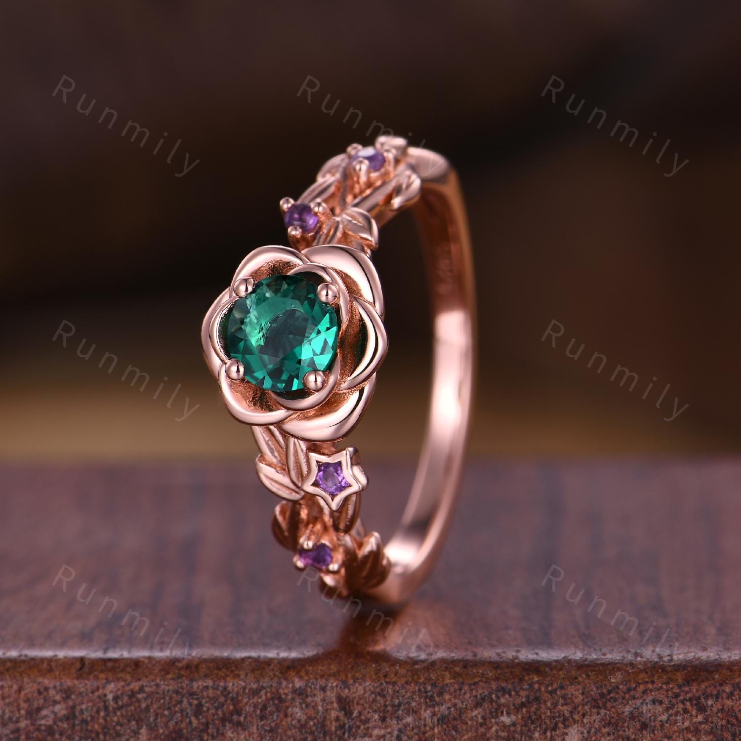Flower Emerald Engagement Ring Rose Gold Nature Inspired Leaf Wedding Ring Floral Amethyst Ring Branch Ring Vintage Promise Bridal Ring