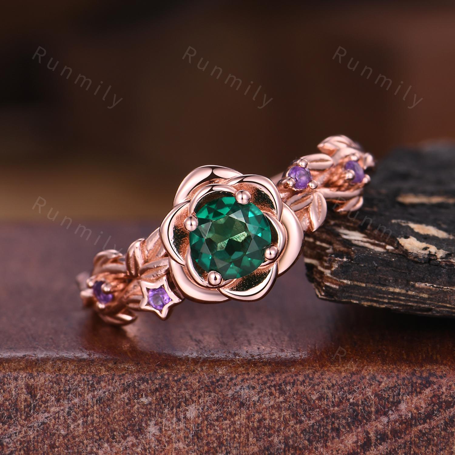 Flower Emerald Engagement Ring Rose Gold Nature Inspired Leaf Wedding Ring Floral Amethyst Ring Branch Ring Vintage Promise Bridal Ring