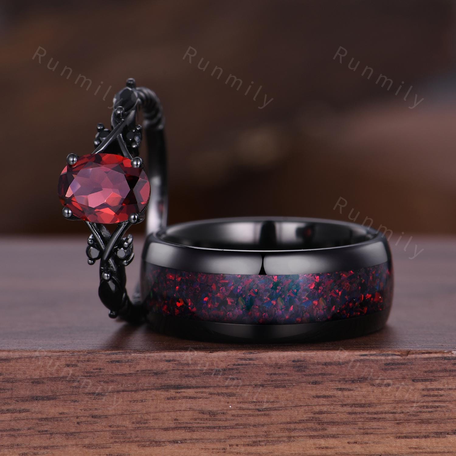 Oval Red Garnet Couples Ring Set Black Gold & Tungsten His And Hers Wedding Band Mens Garnet Ring Unique Matching Promise Rings