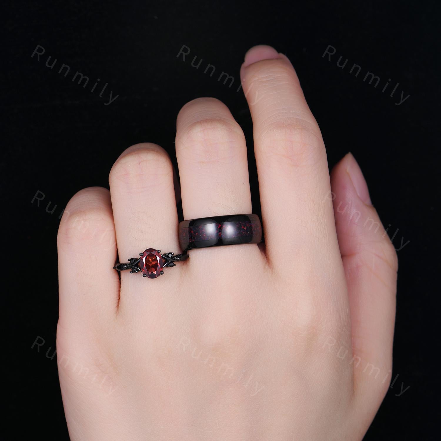 Oval Red Garnet Couples Ring Set Black Gold & Tungsten His And Hers Wedding Band Mens Garnet Ring Unique Matching Promise Rings