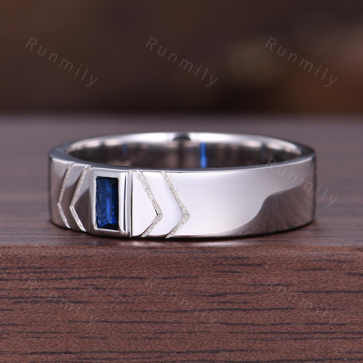 Baguette cut Blue Sapphire Wedding Band 5mm Men's Silver Ring Unique Mens Engagement Ring Band Retro Vintage Rings For Husband/Father