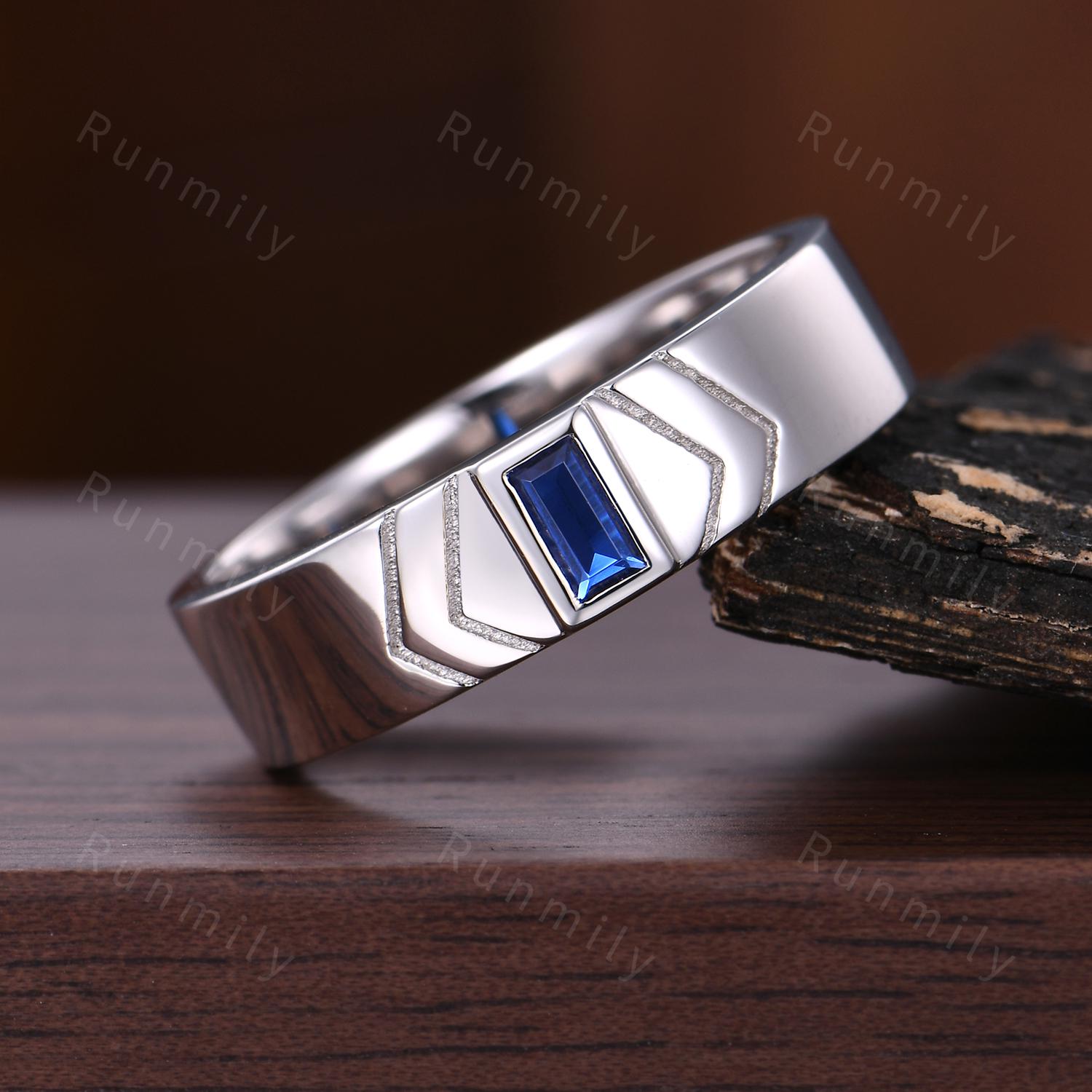 Baguette cut Blue Sapphire Wedding Band 5mm Men's Silver Ring Unique Mens Engagement Ring Band Retro Vintage Rings For Husband/Father